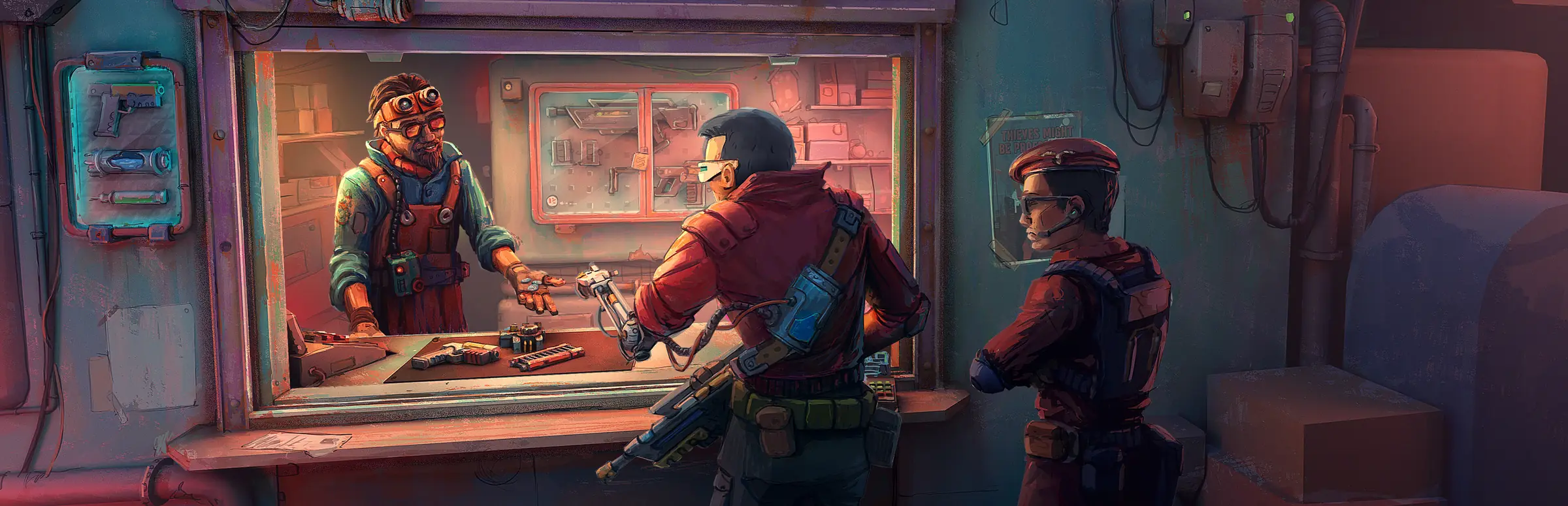 Probably Stolen key art: the shopkeeper hands a gun across the counter to a customer while security waits