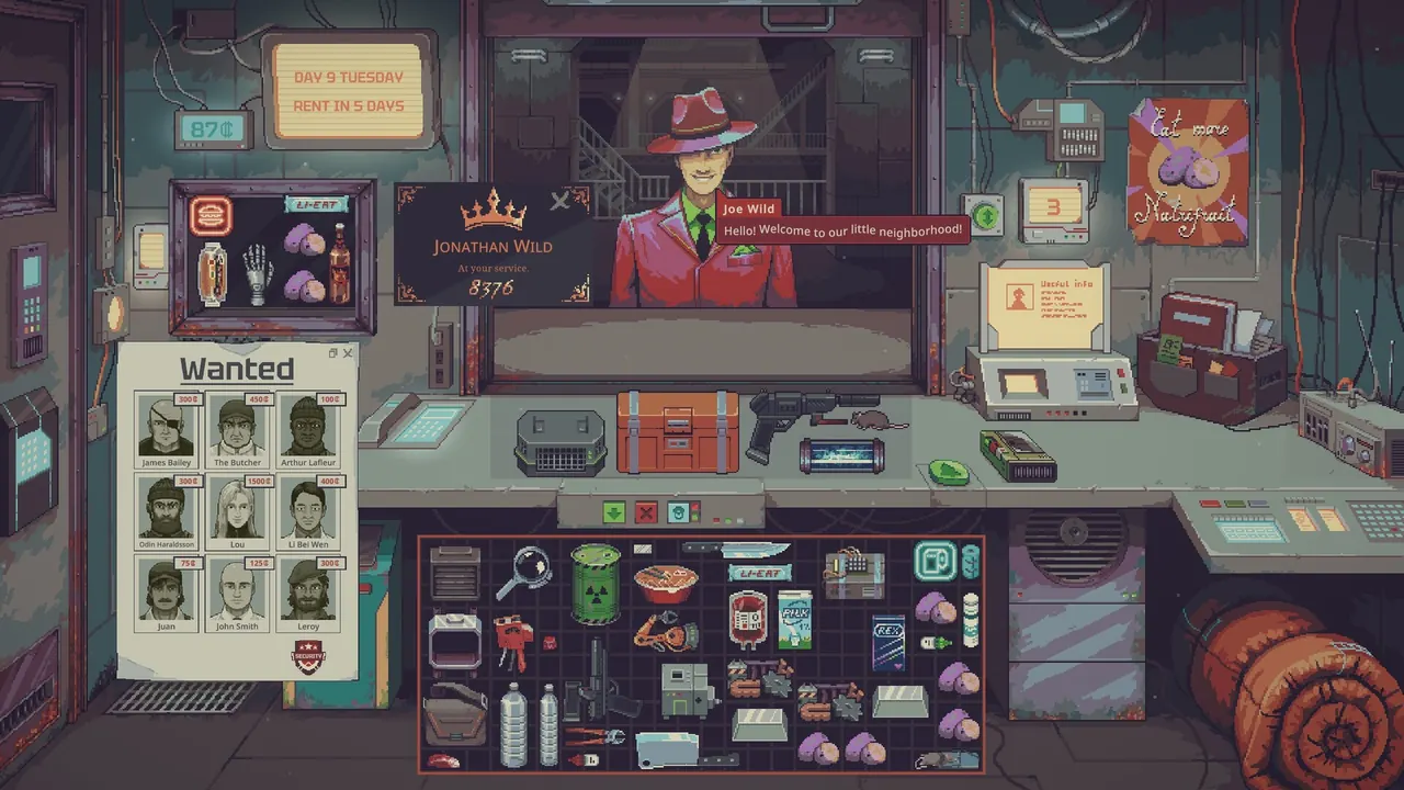 Probably Stolen shop counter with a wanted poster and customer at the window