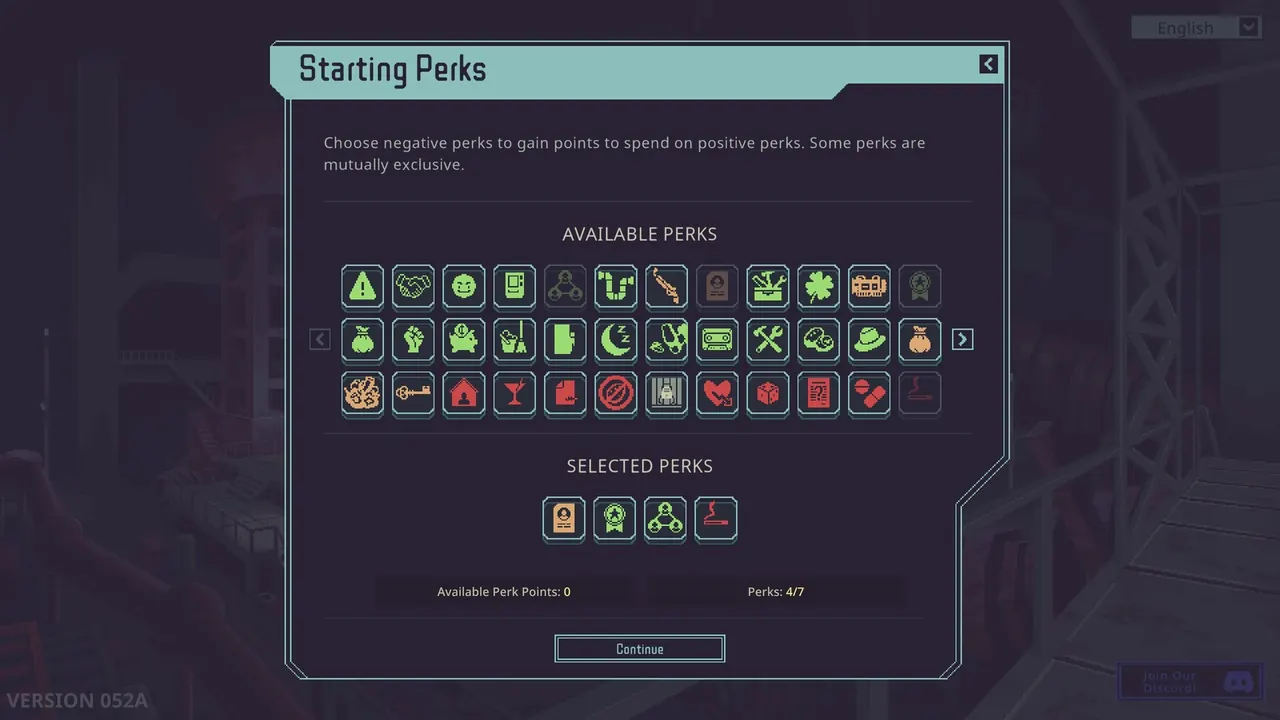 Probably Stolen starting perks selection screen